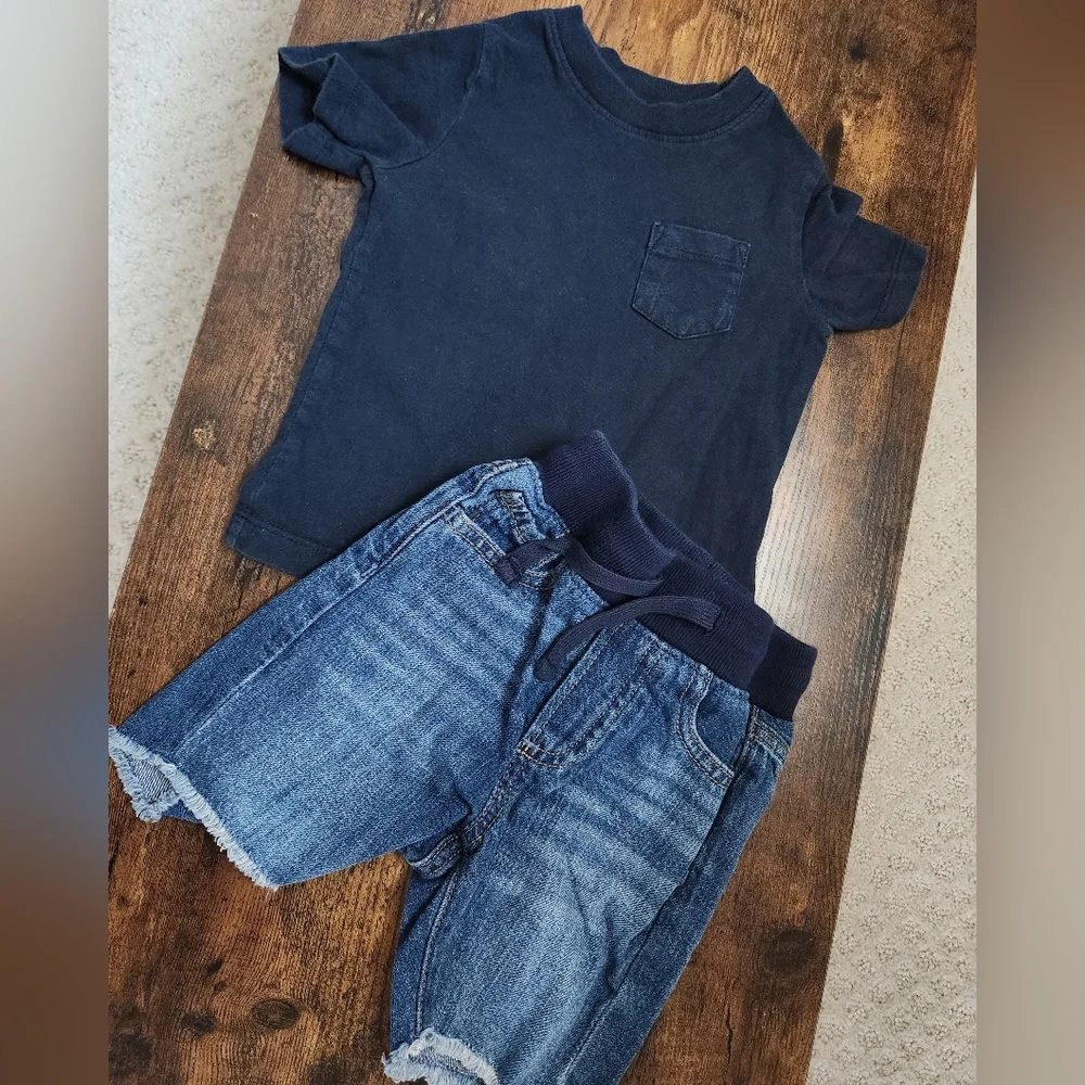Baby Gap Toddler Boy Outfit‎ Blue Shirt 12 - 18 Months, Jean Shorts 18-24 Months